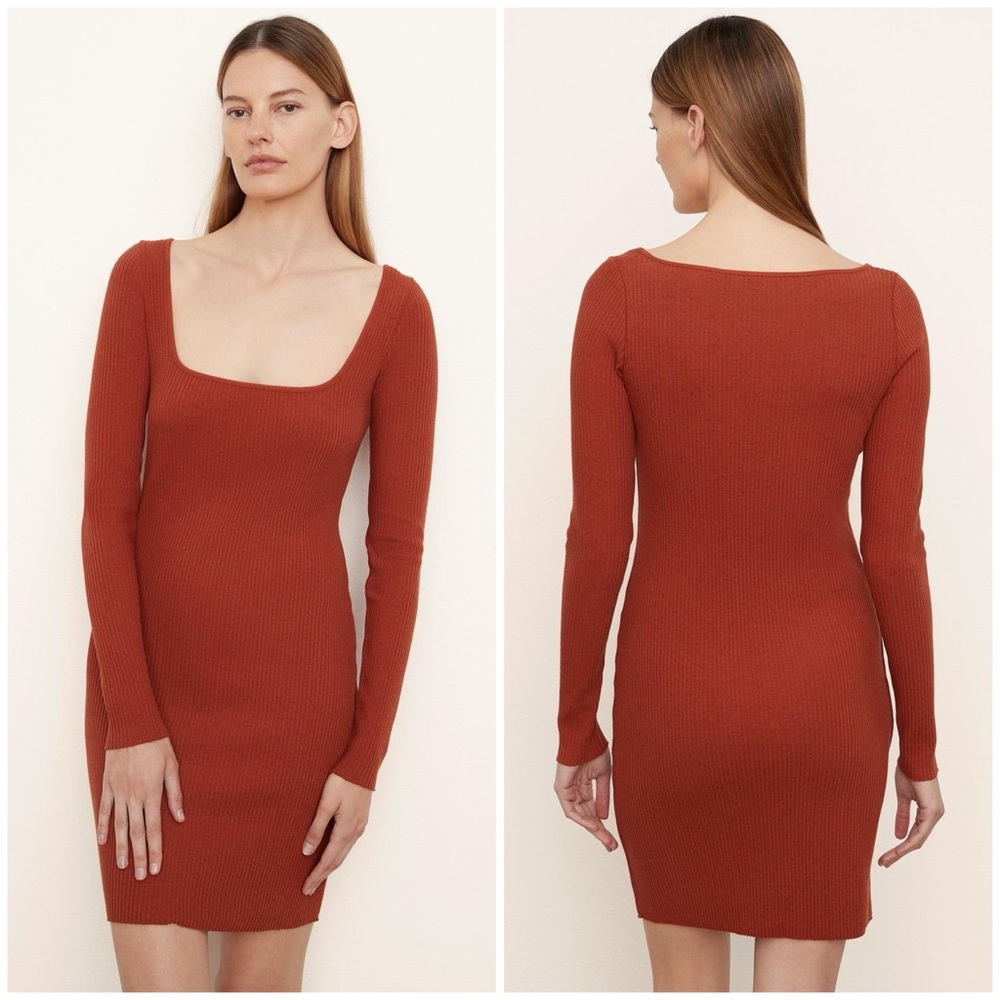New Vince Long Sleeve Square-Neck Mini Dress in Rust Amber Size‎ XL